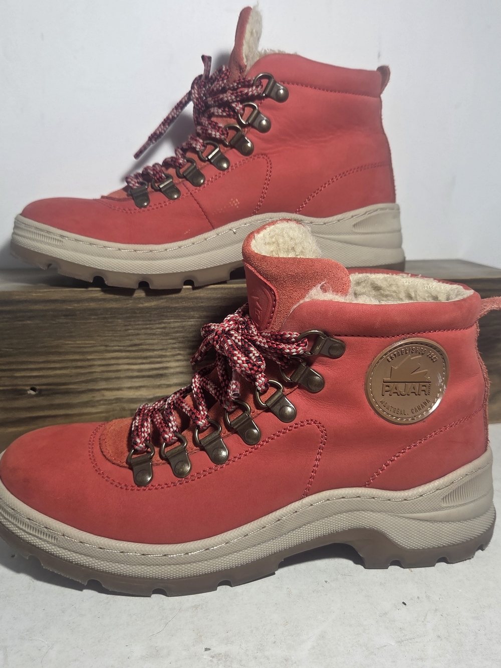 Pajar Canada Red Leather Shearling-Lined Winter Hiking Boots - Size EU 37 / US 6
